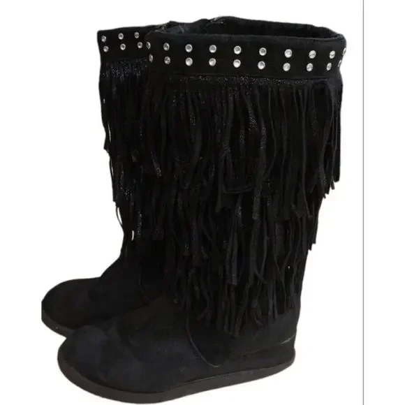 Justice Shoes Justice Girls Black Faux Suede Fringe Rhinestone